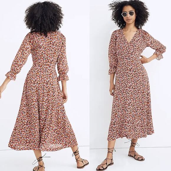 MADEWELL Clipdot Faux Wrap Midi Dress Floral Spring Prairie Cottagecore 6 Red - Picture 1 of 13